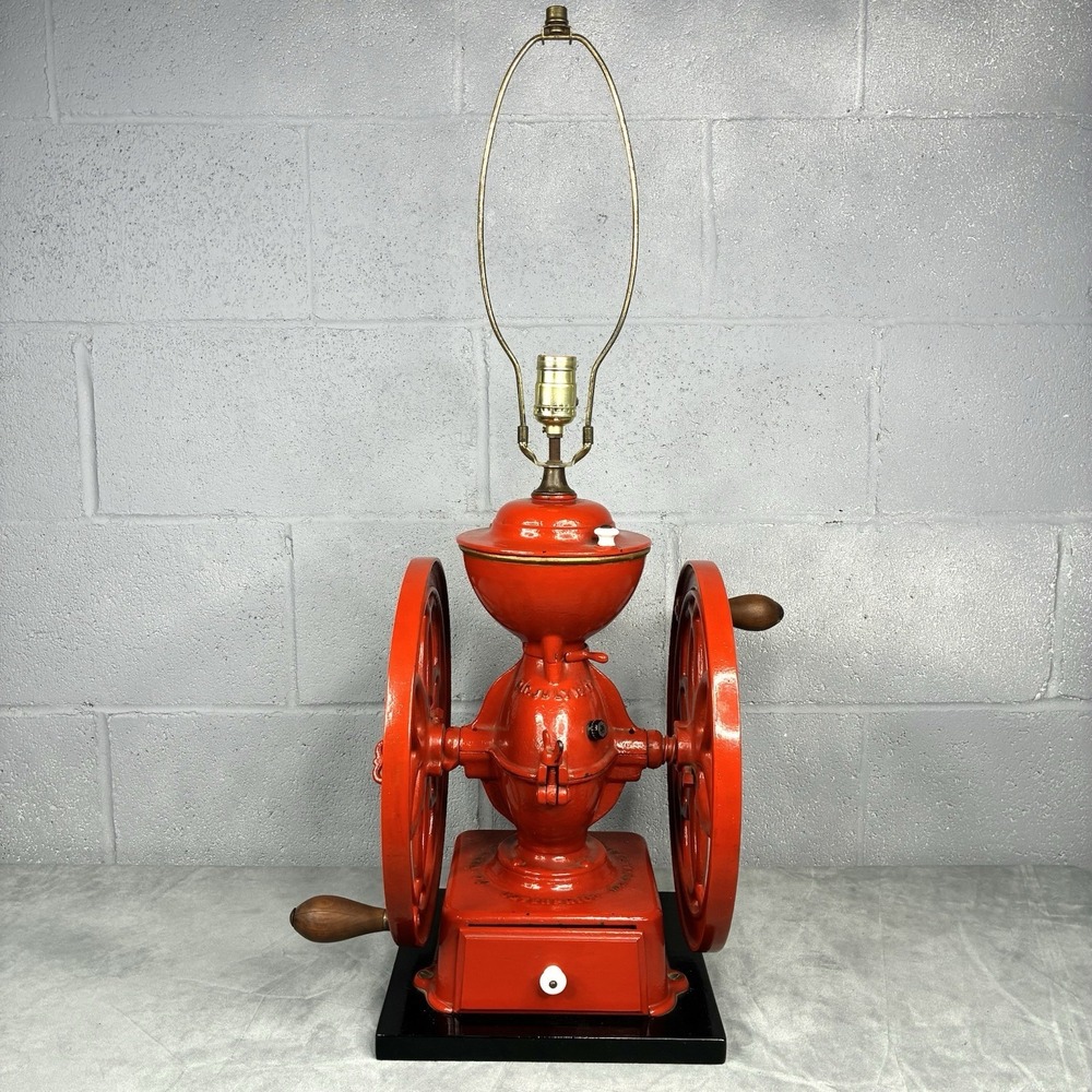 Antique Enterprise MFG Coffee Grinder Table Lamp Cast Iron Red Philadelphia PA